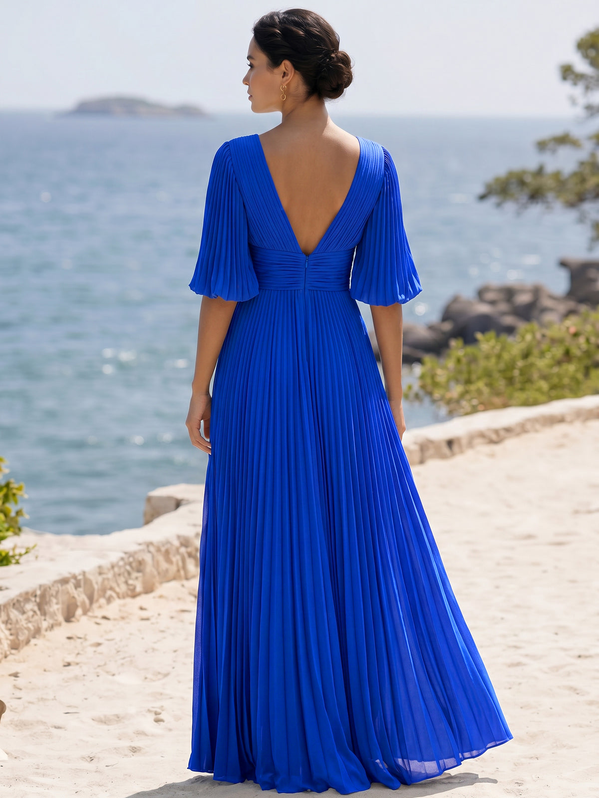 Nafori Royal Blue A-Line/Princess Evening Dress Elegant Grecian Style Floor-Length Long Sleeves Corset Pleated Wedding Guest Summer Party Dress 2026