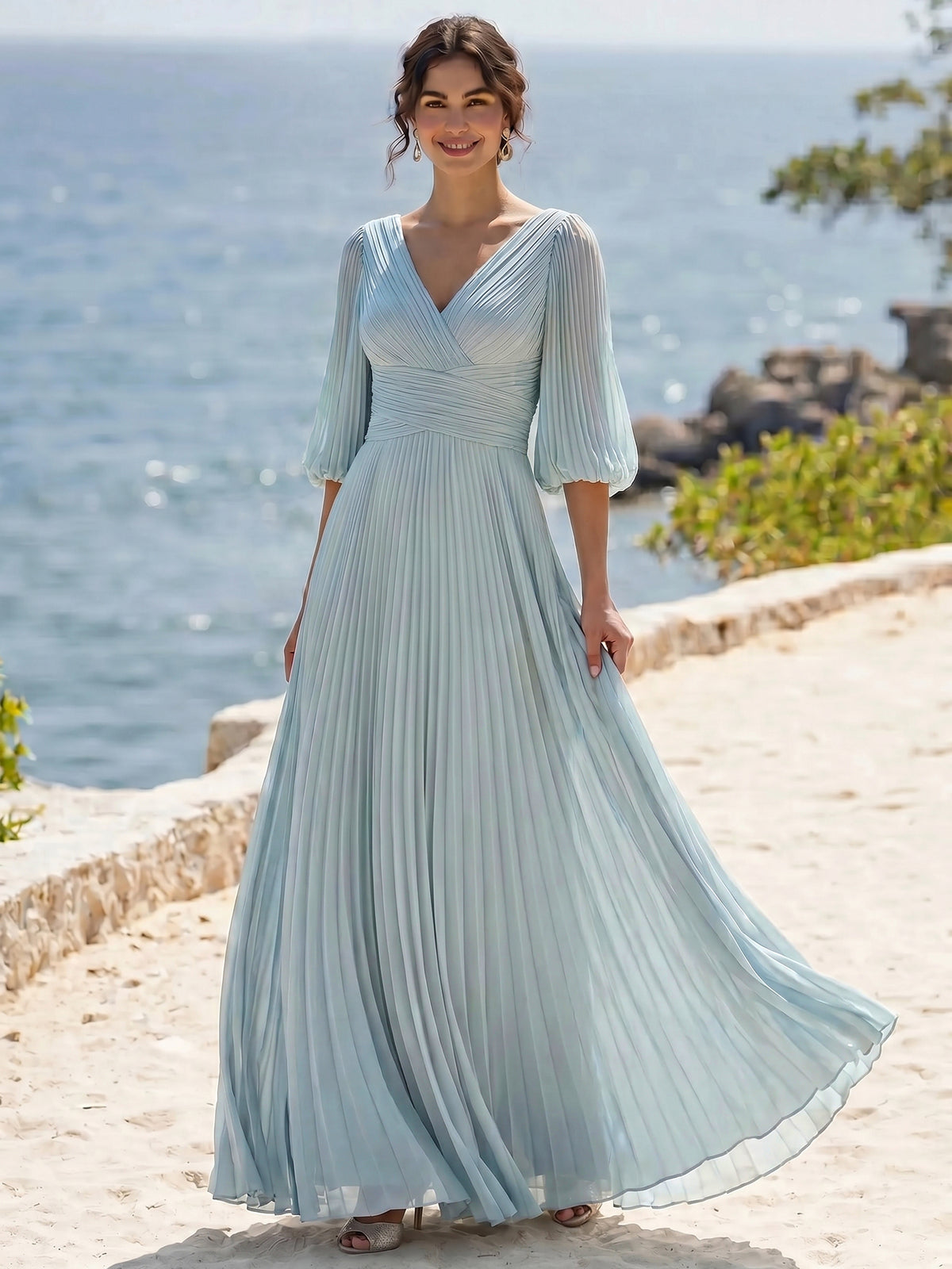 Nafori Dusty Blue A-Line/Princess Evening Dress Elegant Grecian Style Floor-Length Long Sleeves Corset Pleated Wedding Guest Summer Party Dress 2026