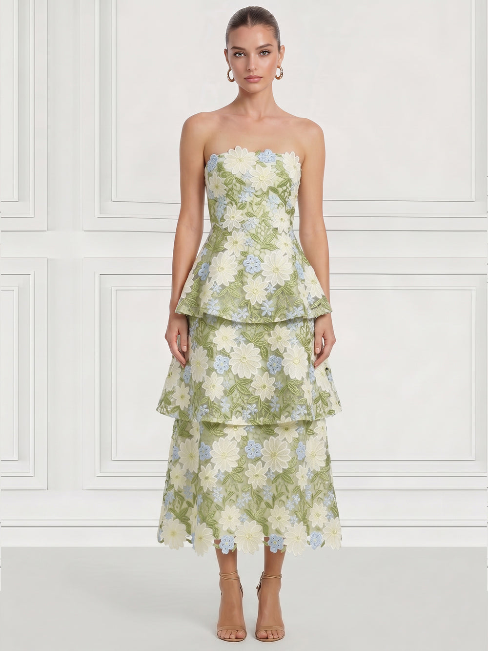 A-Line Cocktail Dresses Elegant Floral Embroidery Tiered Tea-Length Sleeveless Strapless Wedding Guest Dresses