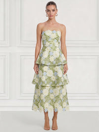 A-Line Cocktail Dresses Elegant Floral Embroidery Tiered Tea-Length Sleeveless Strapless Wedding Guest Dresses