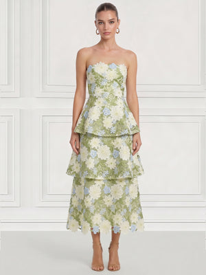 A-Line Cocktail Dresses Elegant Floral Embroidery Tiered Tea-Length Sleeveless Strapless Wedding Guest Dresses
