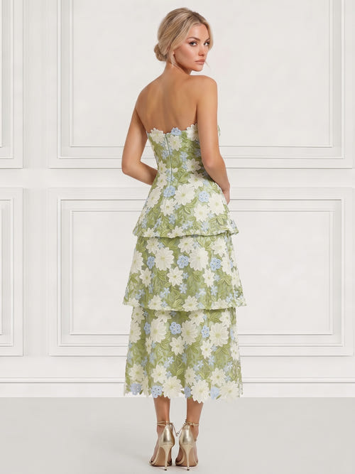 A-Line Cocktail Dresses Elegant Floral Embroidery Tiered Tea-Length Sleeveless Strapless Wedding Guest Dresses