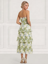 A-Line Cocktail Dresses Elegant Floral Embroidery Tiered Tea-Length Sleeveless Strapless Wedding Guest Dresses