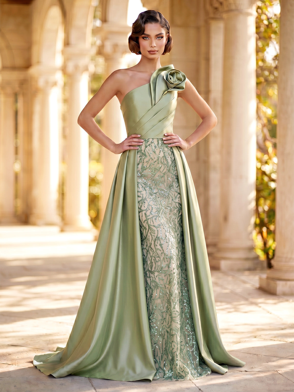 Sheath/Column Evening Dresses Elegant Beaded Embroidery Floor-Length Strapless Sleeveless With Overskirt Zipper 3D Flower Formal Dresses