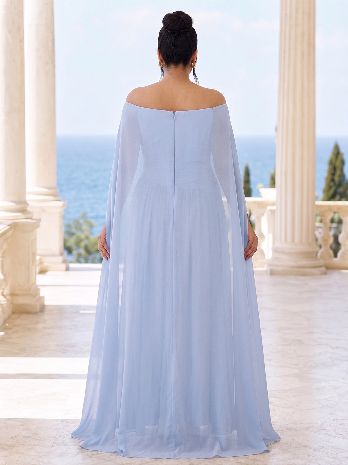 A-Line/Princess Plus Size Formal Dresses Chiffon Off-The-Shoulder Cape Sleeves Floor-Length Ruched Pleated Evening Dresses Zipper