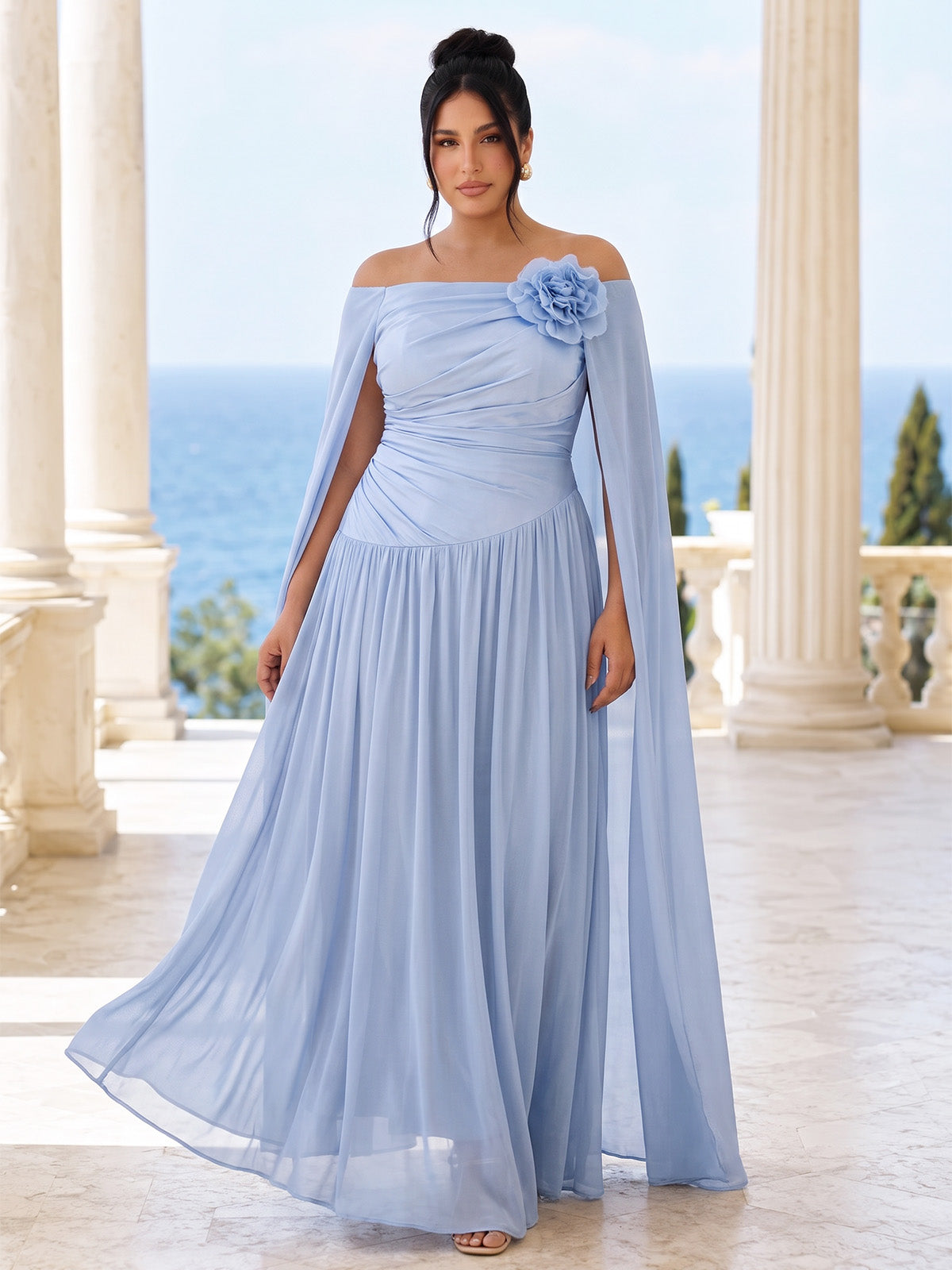 A-Line/Princess Plus Size Formal Dresses Chiffon Off-The-Shoulder Cape Sleeves Floor-Length Ruched Pleated Evening Dresses Zipper