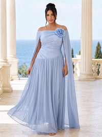 A-Line/Princess Plus Size Formal Dresses Chiffon Off-The-Shoulder Cape Sleeves Floor-Length Ruched Pleated Evening Dresses Zipper