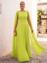 A Line/Princesses Formal Dresses Pleated Lime Green Grecian Style Chiffon Floor Length Boat Neck Long Cape Sleeves Wedding Guest Summer Dress