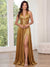 A-Line/Princess Prom Dresses Halter Neckline Strapless Floor-length Sparkle Metallic Ruched Evening Dress with Side Split