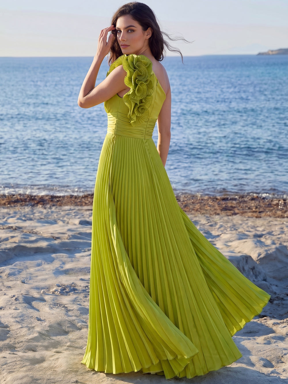 A Line/Princesses Evening Dresses Pleated Grecian Style Satin One Shoulder Floor-Length Formal Dress Wedding Guest With Shoulder Flower
