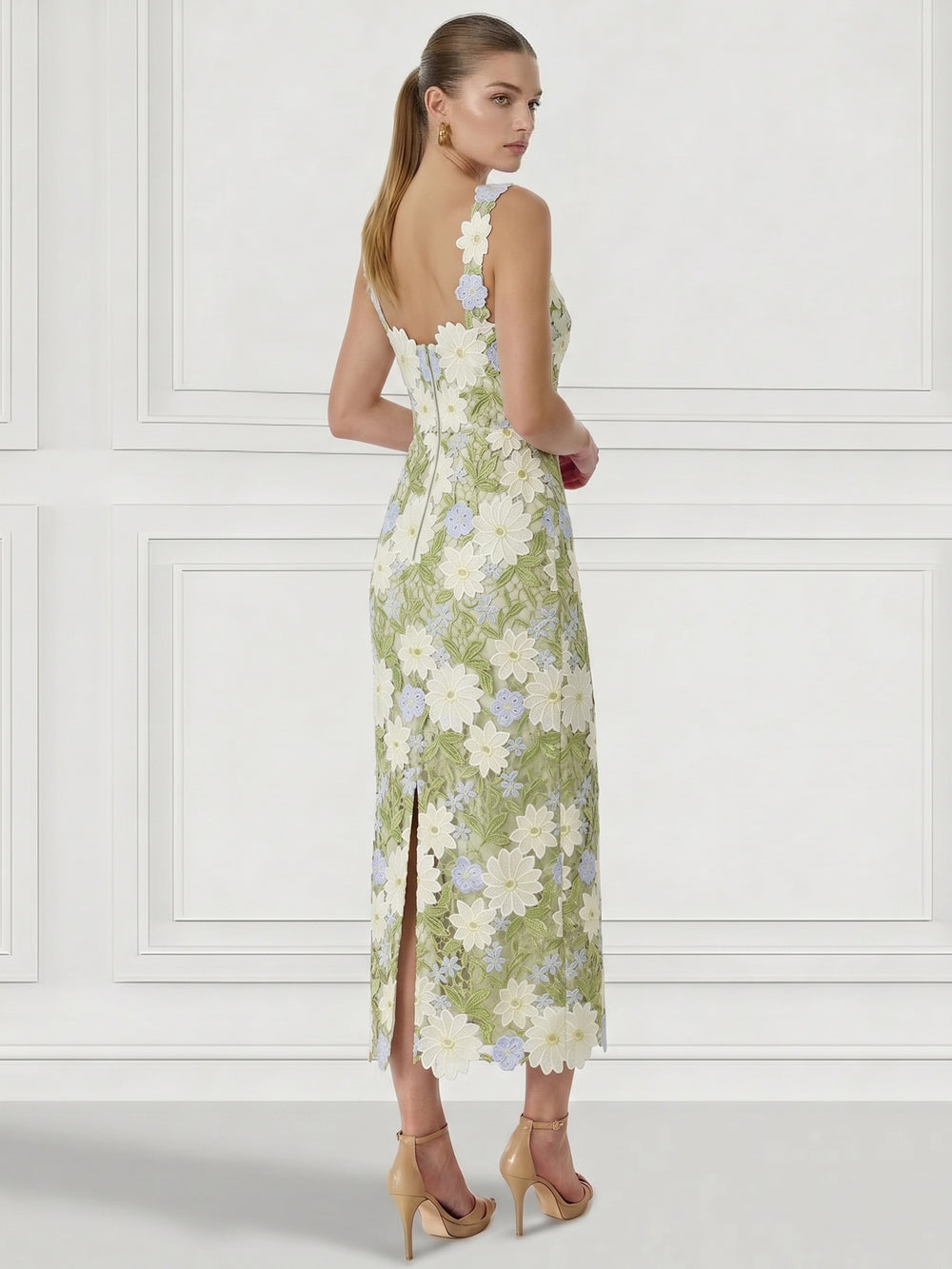 Sheath/Column Cocktail Dresses Elegant Floral Embroidery Tiered Ankle-Length Sleeveless Square Neck Zipper Back Slit Wedding Guest Dresses