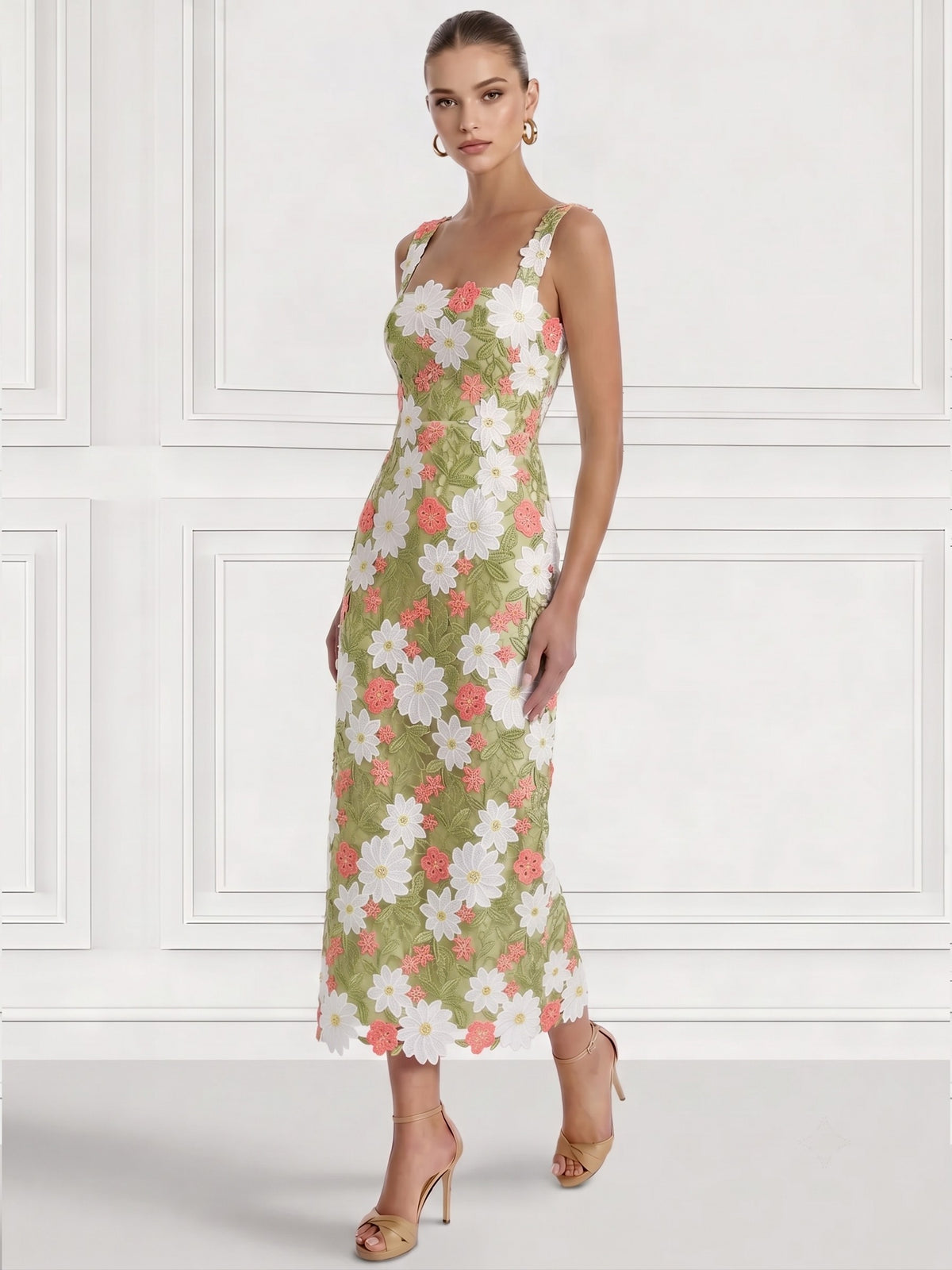 Nafori Light Green Sheath/Column Cocktail Dresses Elegant Floral Embroidery Ankle-Length Sleeveless Square Neck Zipper Back Slit Wedding Guest Dresses