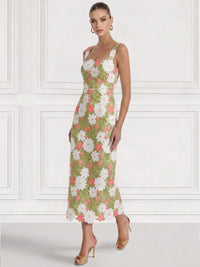 Sheath/Column Cocktail Dresses Elegant Floral Embroidery Ankle-Length Sleeveless Square Neck Zipper Back Slit Wedding Guest Dresses