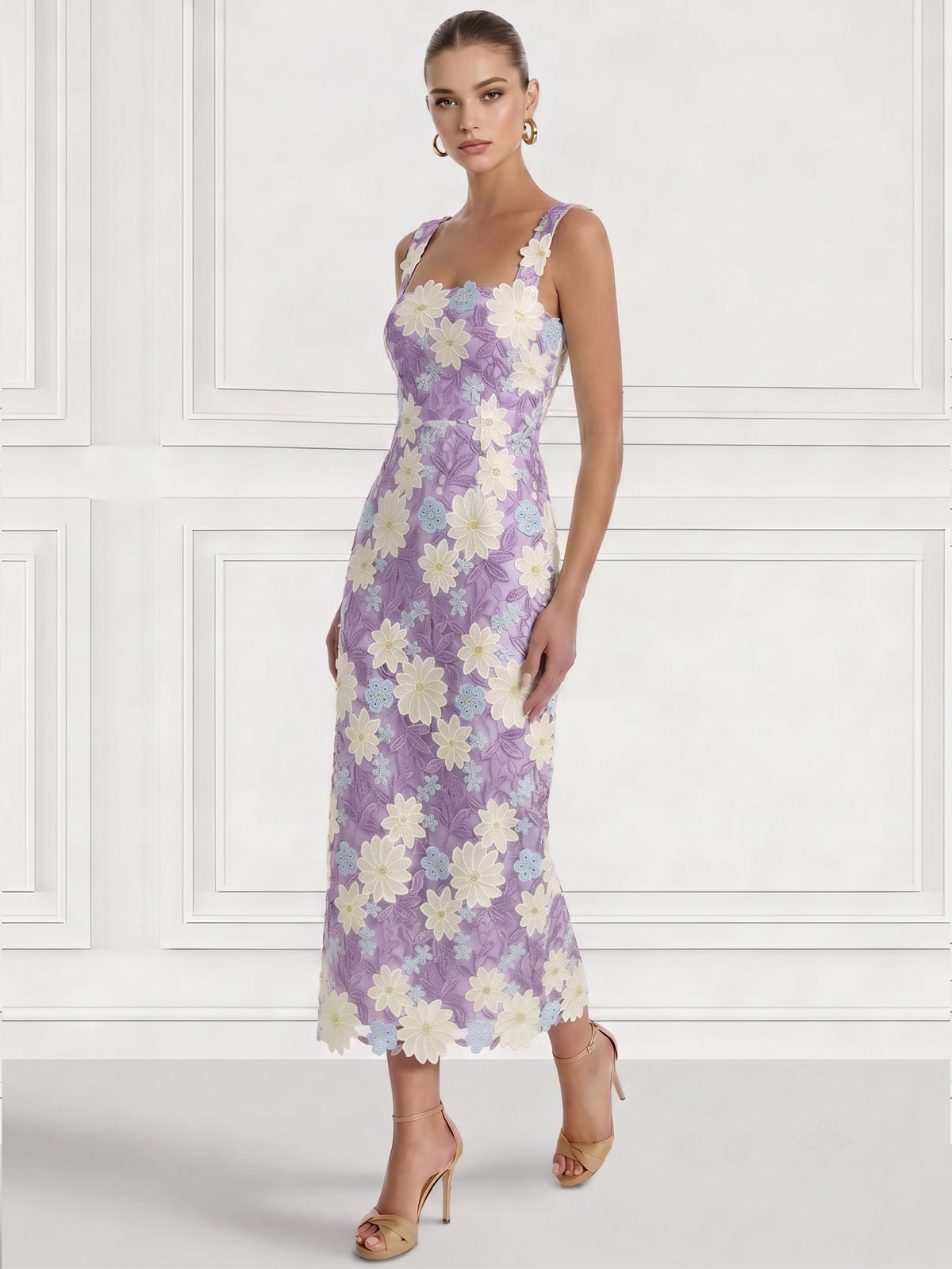 Nafori Lilac Sheath/Column Cocktail Dresses Elegant Floral Embroidery Ankle-Length Sleeveless Square Neck Zipper Back Slit Wedding Guest Dresses 2026