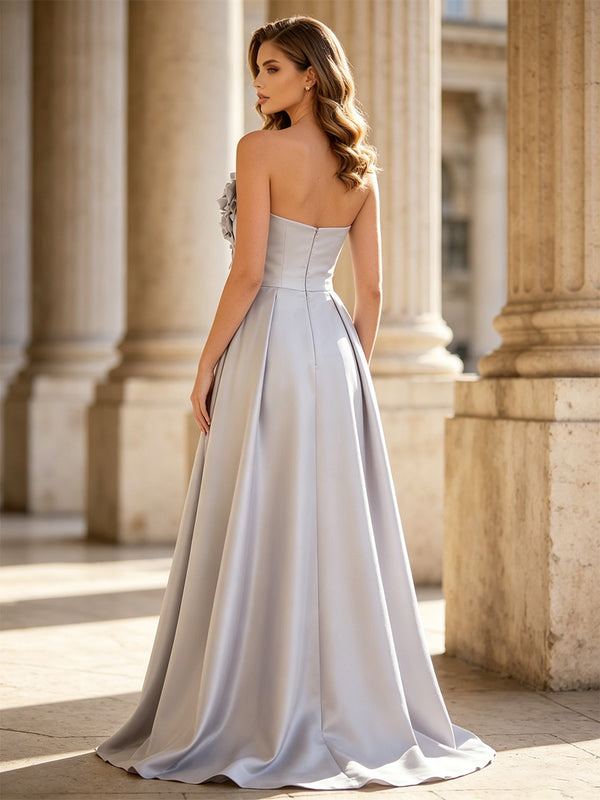 Sheath/Column Evening Dresses Elegant Embroidery Floor-Length Strapless Sleeveless With Overskirt Zipper 3D Flowers Formal Dresses