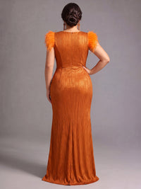 Sheath/Column Plus Size Evening Dresses Crepe Floor-Length V-Neck Short Sleeves Ruched Zipper With Feather
