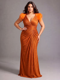 Sheath/Column Plus Size Evening Dresses Crepe Floor-Length V-Neck Short Sleeves Ruched Zipper With Feather