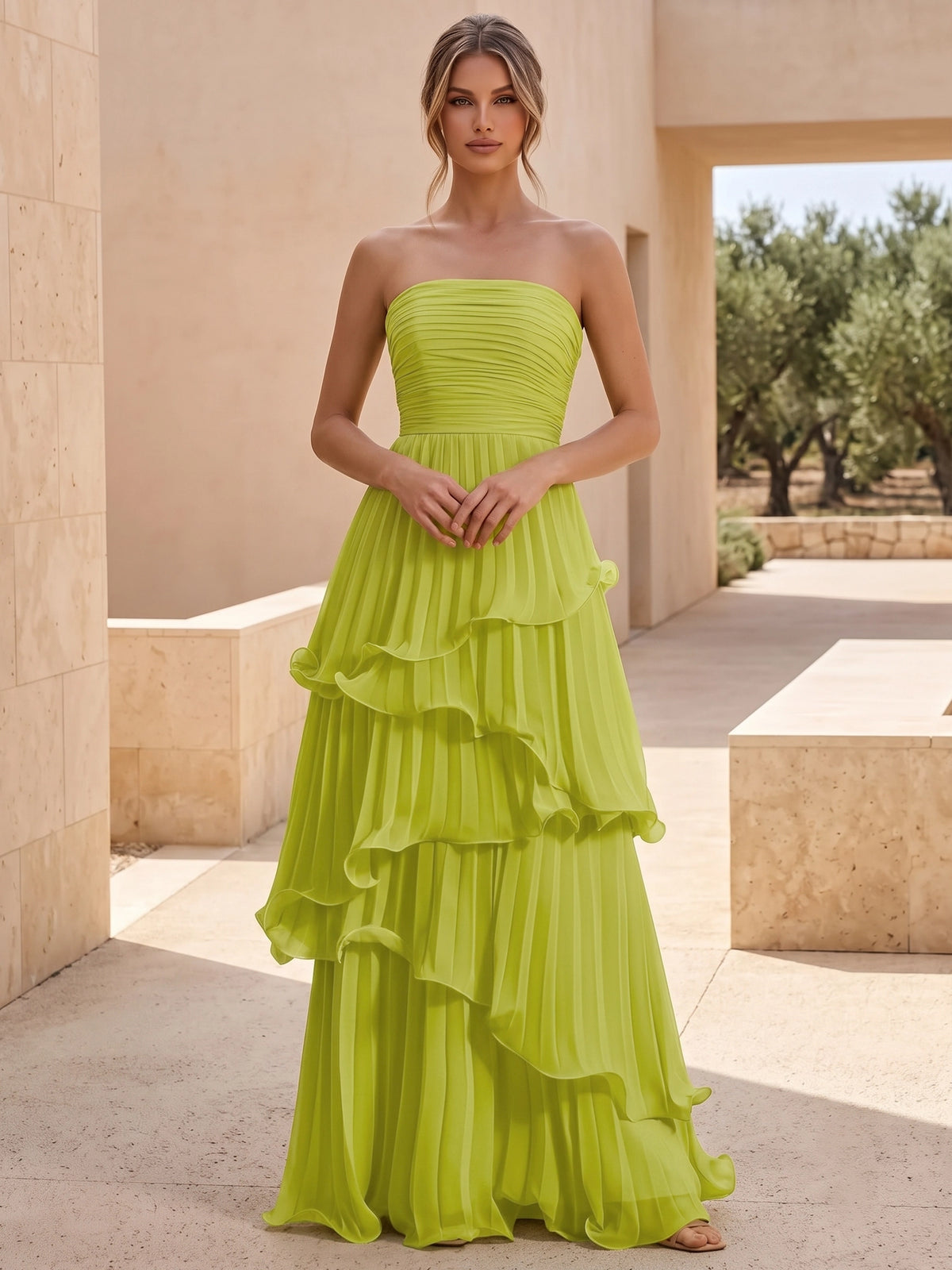 A Line/Princesses Formal Dresses Pleated Lime Green Grecian Style Chiffon Floor Length Strapless Sleeveless Wedding Guest Summer Dress