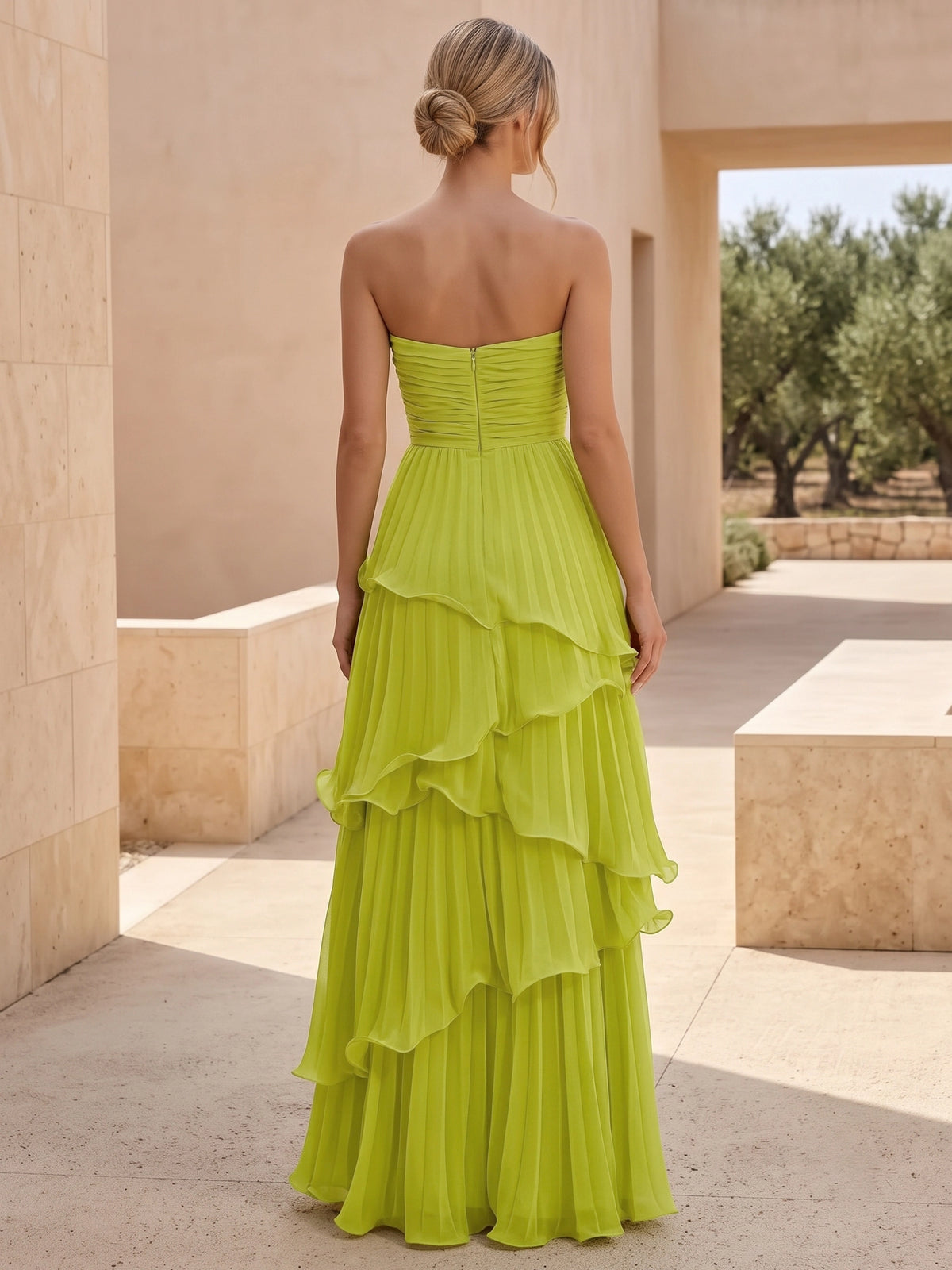 A Line/Princesses Formal Dresses Pleated Lime Green Grecian Style Chiffon Floor Length Strapless Sleeveless Wedding Guest Summer Dress