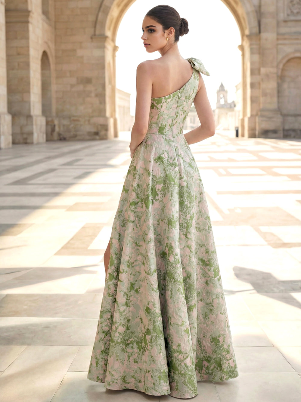 A-Line Evening Gown Elegant Jacquard Floral Dress Prom Floor Length Sleeveless One Shoulder with Slit Pocket Sage Wedding Guest Dress With Bow
