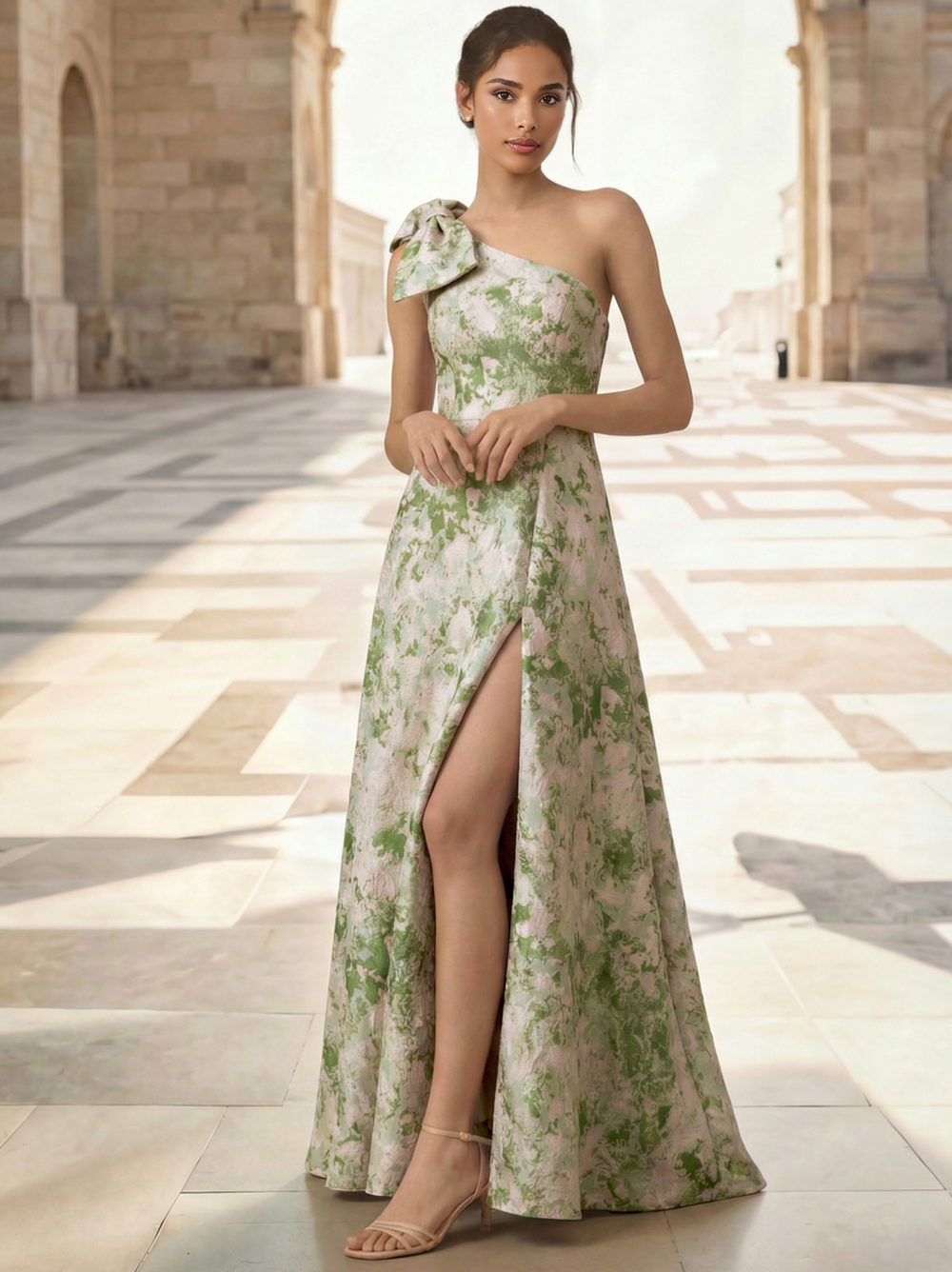 A-Line Evening Gown Elegant Jacquard Floral Dress Prom Floor Length Sleeveless One Shoulder with Slit Pocket Sage Wedding Guest Dress With Bow