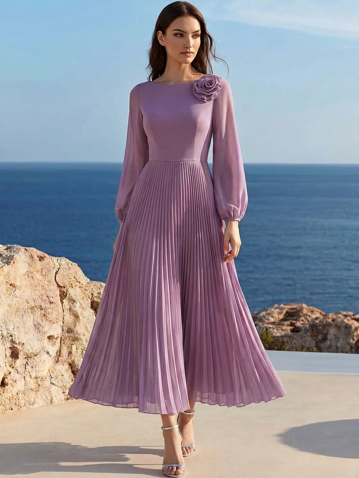 Nafori Purple A Line/Princesses Cocktail Dresses Boat Neck Long Sleeves Pleated Grecian Style Chiffon Ankle-Length Formal Dress Wedding Guest With