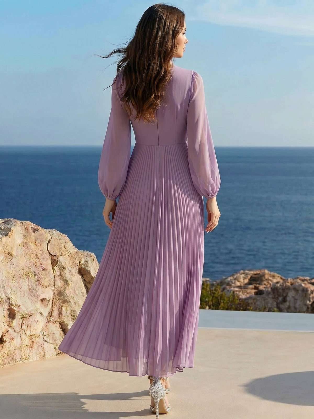 Nafori Purple A Line/Princesses Cocktail Dresses Boat Neck Long Sleeves Pleated Grecian Style Chiffon Ankle-Length Formal Dress Wedding Guest With