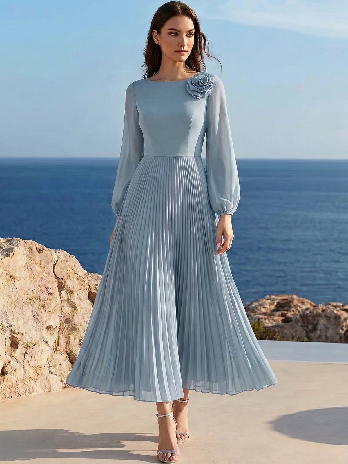 Nafori Dusty Blue A Line/Princesses Cocktail Dresses Boat Neck Long Sleeves Pleated Grecian Style Chiffon Ankle-Length Formal Dress Wedding Guest With