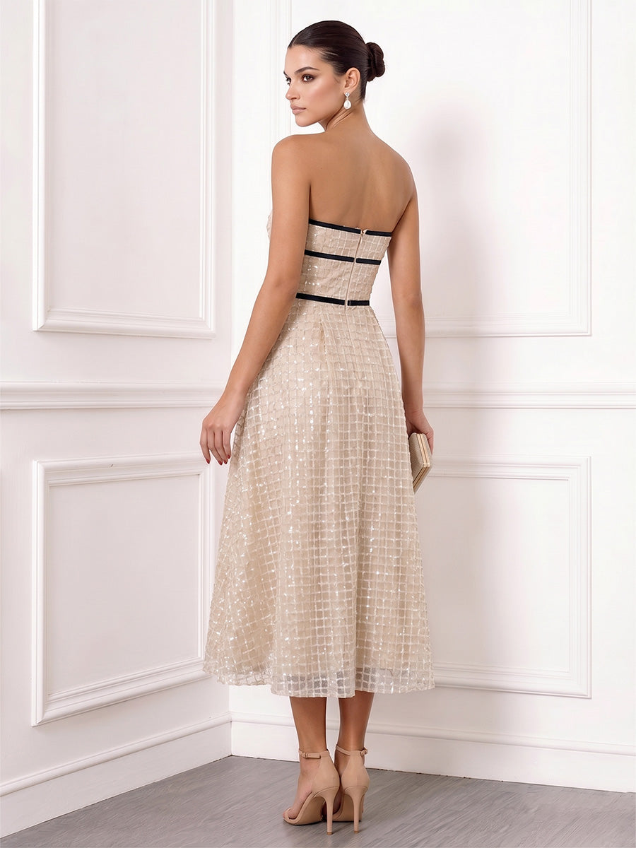 A-Line Cocktail Dresses Beads Sequins Strapless Sleeveless Tea-Length Sash Zipper Black Trim