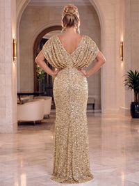 Sheath/Column Plus Size Evening Dresses Sequins Floor-Length V-Neck Short Sleeves Ruched Zipper