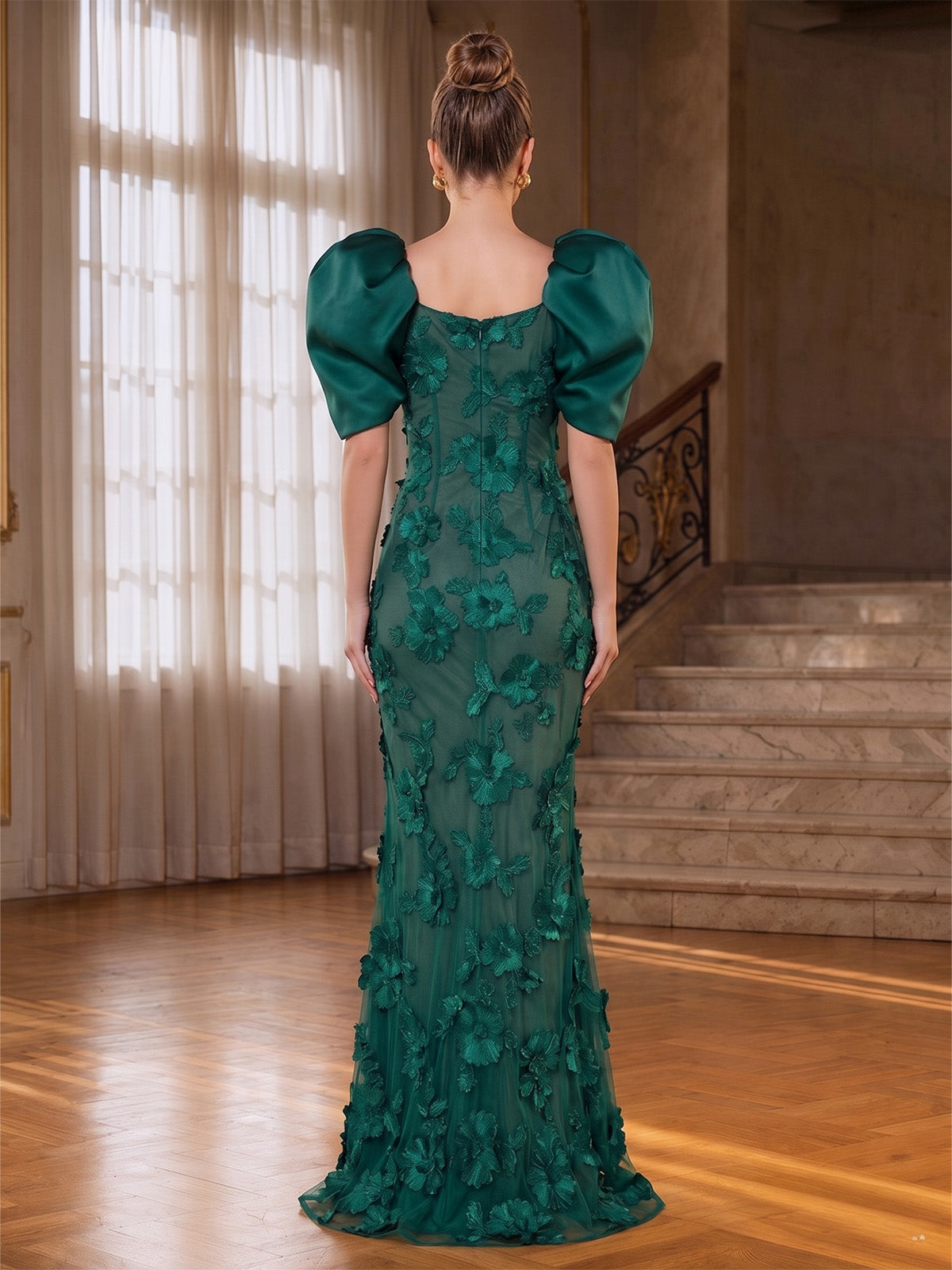 Mermaid/Trumpet Evening Gown Elegant Formal Dress Appliques Floor Length 1/2 Sleeves Square Neck Zipper Wedding Guest Dress