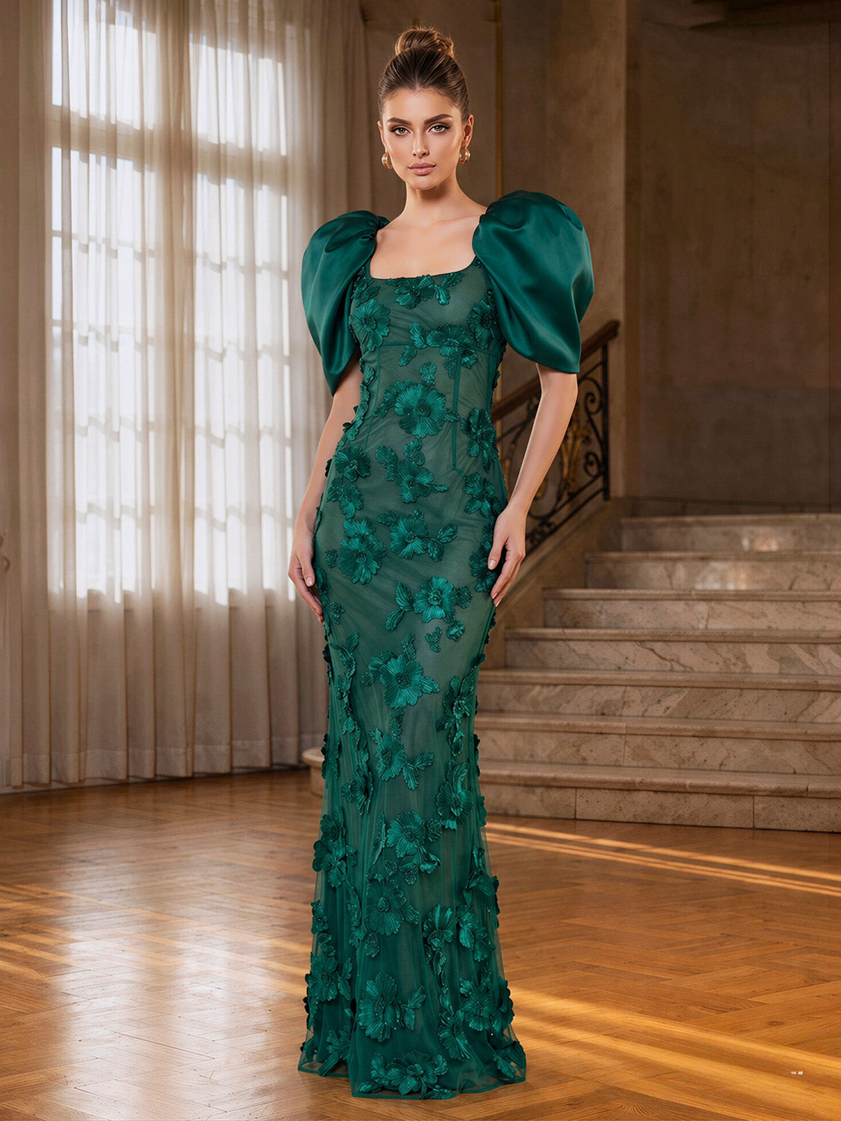 Mermaid/Trumpet Evening Gown Elegant Formal Dress Appliques Floor Length 1/2 Sleeves Square Neck Zipper Wedding Guest Dress