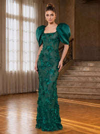 Mermaid/Trumpet Evening Gown Elegant Formal Dress Appliques Floor Length 1/2 Sleeves Square Neck Zipper Wedding Guest Dress