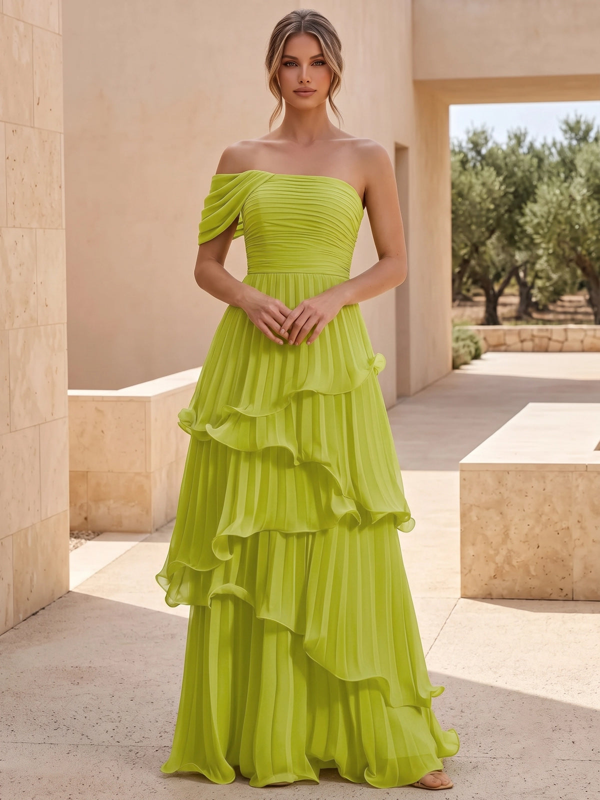 A Line/Princesses Formal Dresses Pleated Lime Green Grecian Style Chiffon Floor Length One Shoulder Sleeveless Wedding Guest Summer Dress
