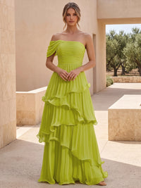 A Line/Princesses Formal Dresses Pleated Lime Green Grecian Style Chiffon Floor Length One Shoulder Sleeveless Wedding Guest Summer Dress
