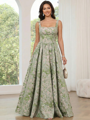 A-Line Prom Dress Elegant Jacquard Floral Dress Floor Length Sleeveless Spaghetti Straps with Slit Pocket Sage Wedding Guest Dress