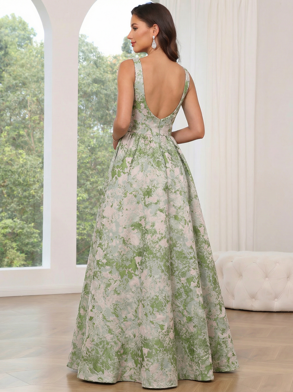 A-Line Prom Dress Elegant Jacquard Floral Dress Floor Length Sleeveless Spaghetti Straps with Slit Pocket Sage Wedding Guest Dress