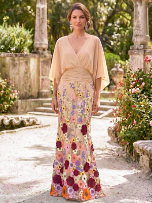 Mermaid Mother Of The Bride Dress Elegant Chiffon Floral Embroidery Appliques Floor-Length 1/2 Sleeves V-Neck Sash Zipper Wedding Guest Dresses