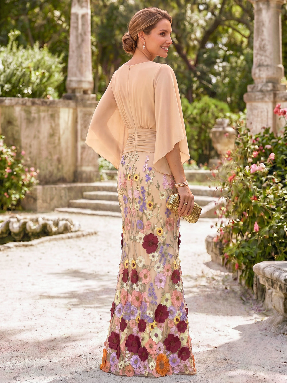 Mermaid Mother Of The Bride Dress Elegant Chiffon Floral Embroidery Appliques Floor-Length 1/2 Sleeves V-Neck Sash Zipper Wedding Guest Dresses