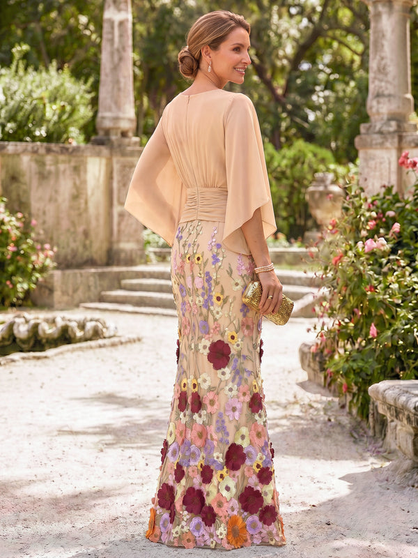 Mermaid Mother Of The Bride Dress Elegant Chiffon Floral Embroidery Appliques Floor-Length 1/2 Sleeves V-Neck Sash Zipper Wedding Guest Dresses