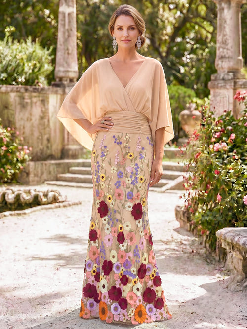 Mermaid Mother Of The Bride Dress Elegant Chiffon Floral Embroidery Appliques Floor-Length 1/2 Sleeves V-Neck Sash Zipper Wedding Guest Dresses
