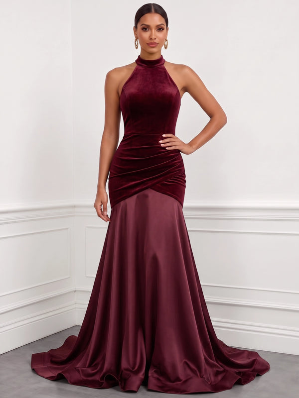 A-Line  Evening Dresses Elegant Velvet Satin Sleeveless Halter Floor-Length Ruched Zipper Formal Dresses