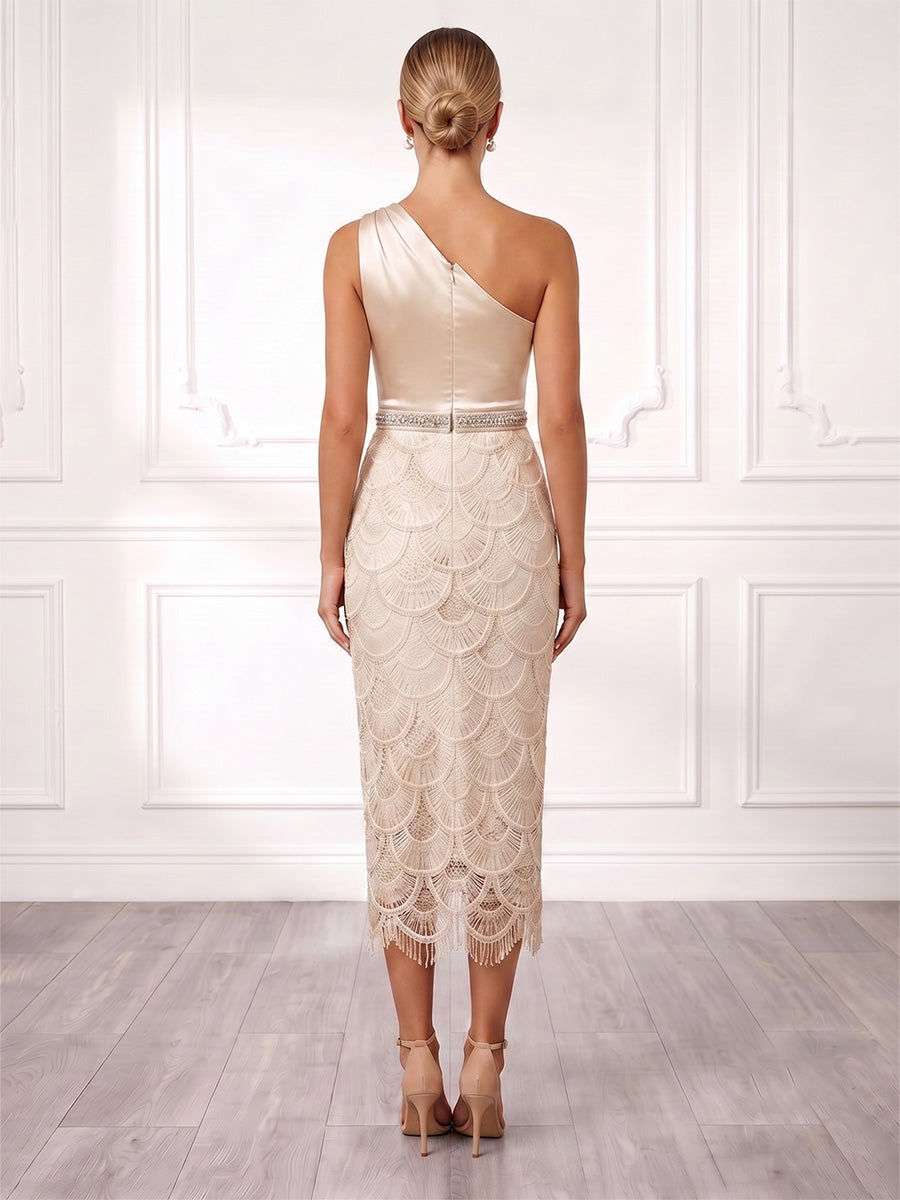 Sheath/Column Cocktail Dresses Lace Satin One-Shoulder Sleeveless Tea-Length Sash Zipper Elegant Formal Dress