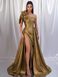 A-Line/Princess Satin Evening Gown Formal Dress Runched Floor Length Sleeveless One Shoulder With High Slit Bow Overskirt