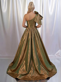 A-Line/Princess Satin Evening Gown Formal Dress Runched Floor Length Sleeveless One Shoulder With High Slit Bow Overskirt