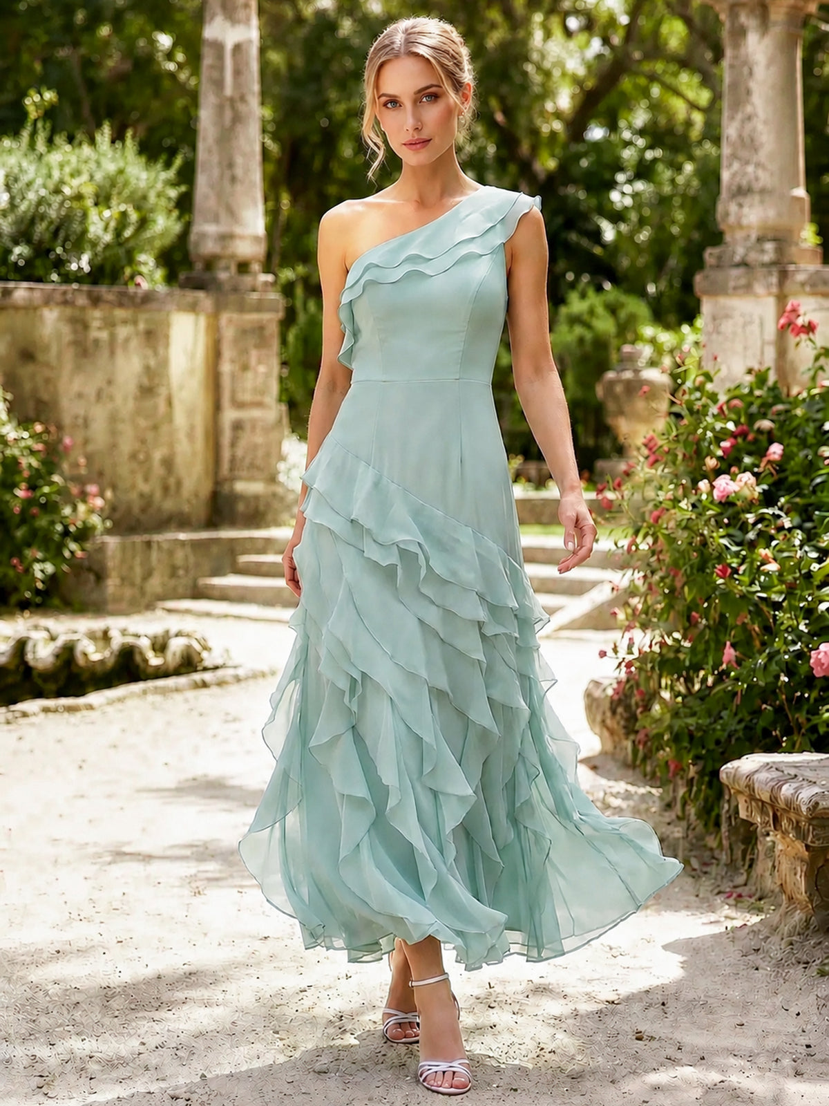 Nafori Sage A-Line Cocktail Elegant Sage Green Ruffled One Shoulder Tiered Chiffon Wedding Guest Bridesmaid Evening Gown 2026