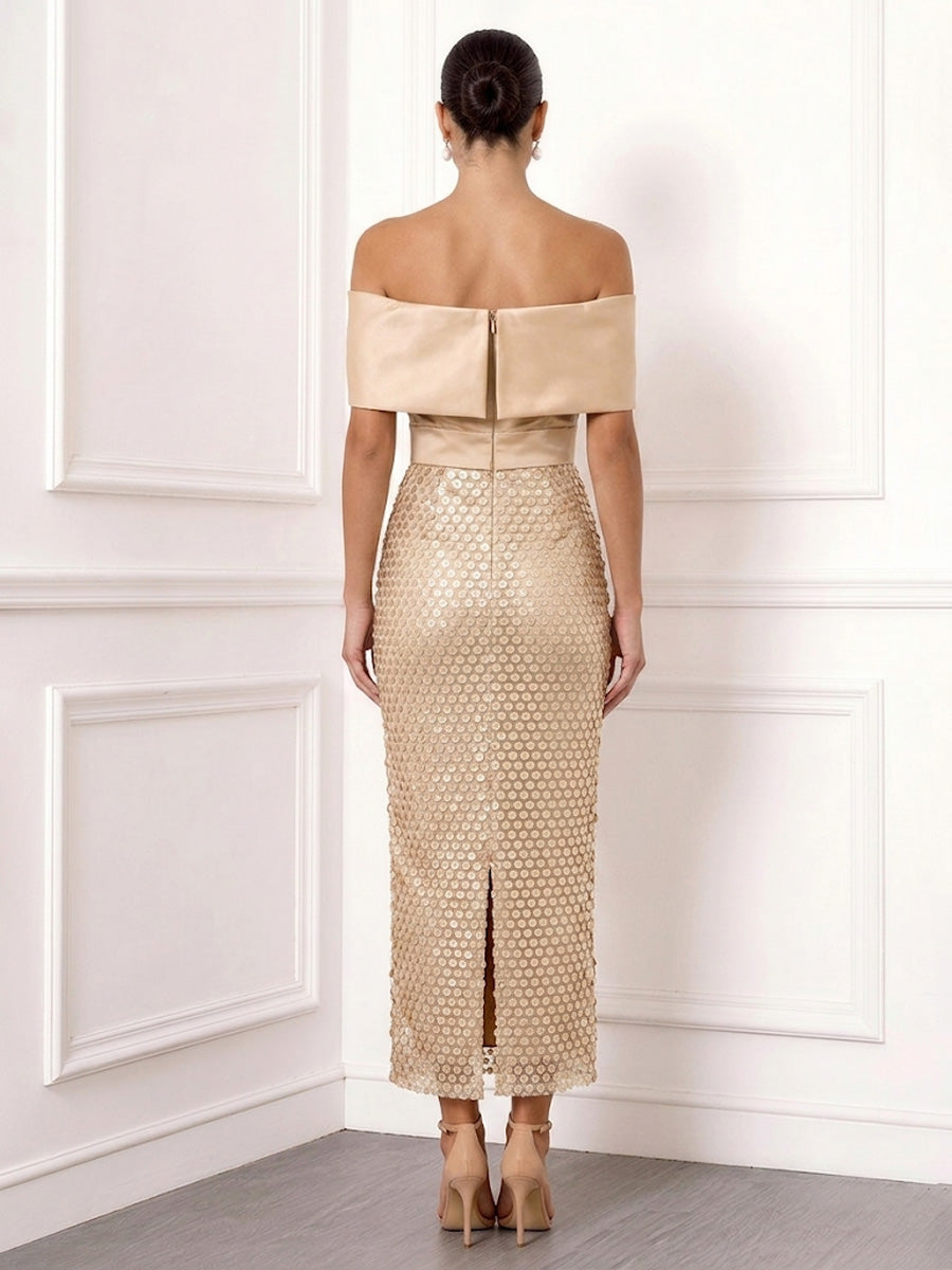 Sheath/Column Cocktail Dresses Sequins Satin Off-The-Shoulder With Bow Short Sleeves Ankle-Length Zipper Elegant Formal Dress
