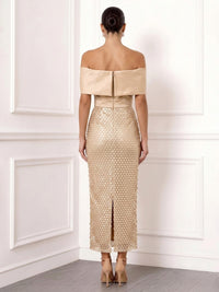 Sheath/Column Cocktail Dresses Sequins Satin Off-The-Shoulder With Bow Short Sleeves Ankle-Length Zipper Elegant Formal Dress