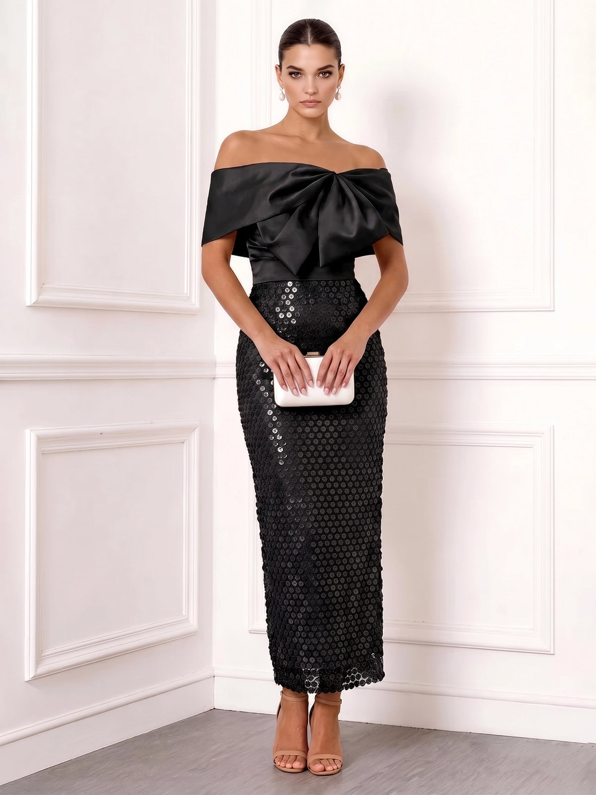 Sheath/Column Cocktail Dresses Sequins Satin Off-The-Shoulder With Bow Short Sleeves Ankle-Length Zipper Elegant Formal Dress