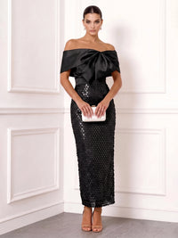 Sheath/Column Cocktail Dresses Sequins Satin Off-The-Shoulder With Bow Short Sleeves Ankle-Length Zipper Elegant Formal Dress
